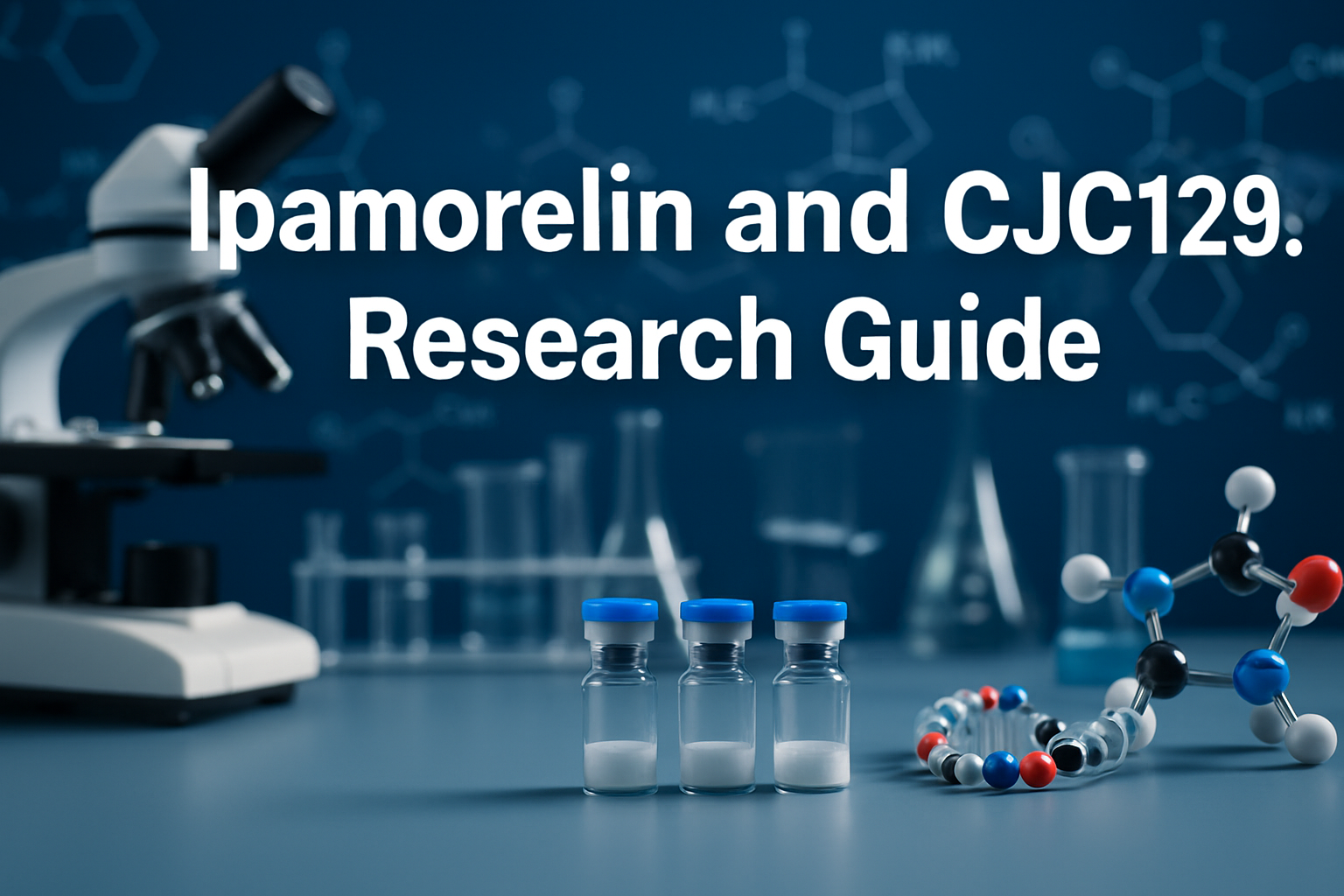Professional landscape hero image (1536x1024) featuring bold text overlay 'Ipamorelin and CJC1295: Research Guide' in extra large 72pt white