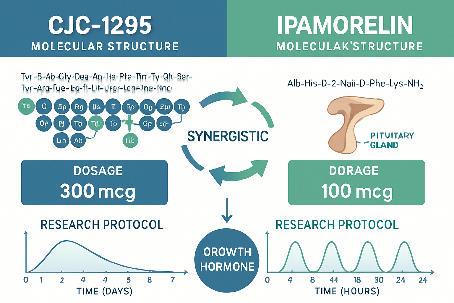 Split-screen comparison infographic showing CJC1295 and ipamorelin molecular structures side by side, with connecting arrows illustrating th