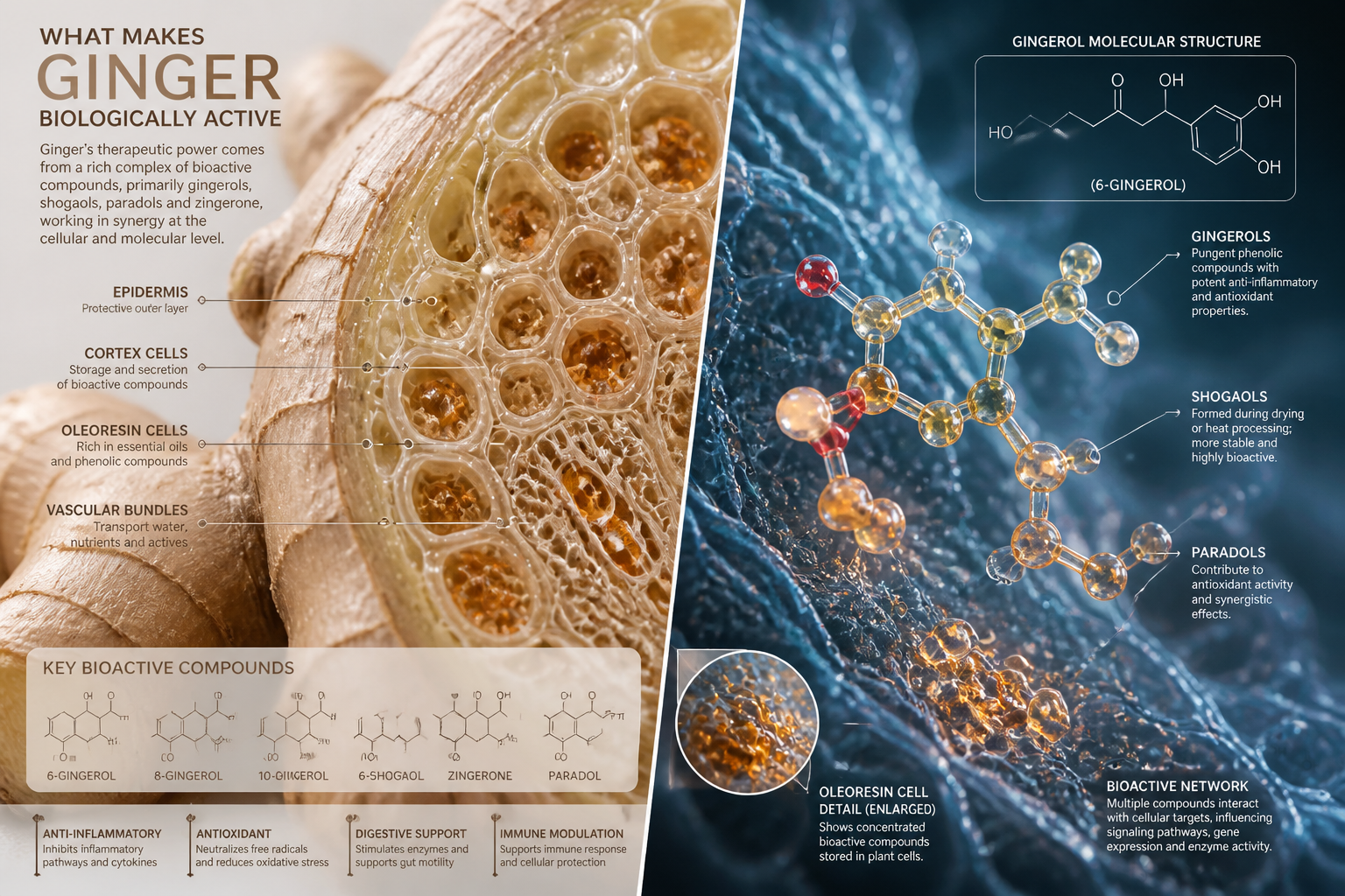 What Makes Ginger Biologically Active section: Close-up scientific visualization of ginger root cellular structure,
