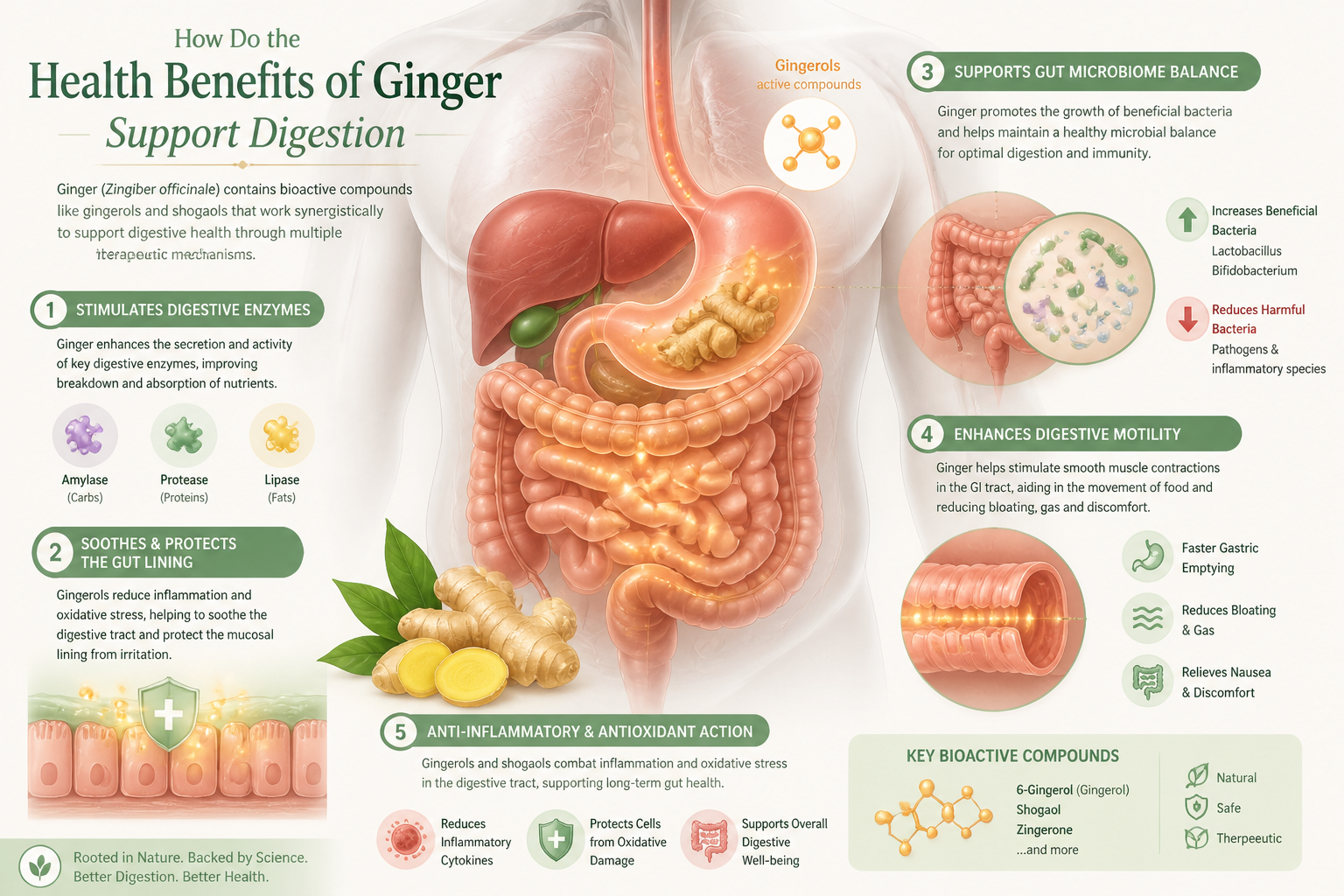 How Do the Health Benefits of Ginger Support Digestion section: Anatomical illustration of human digestive system with