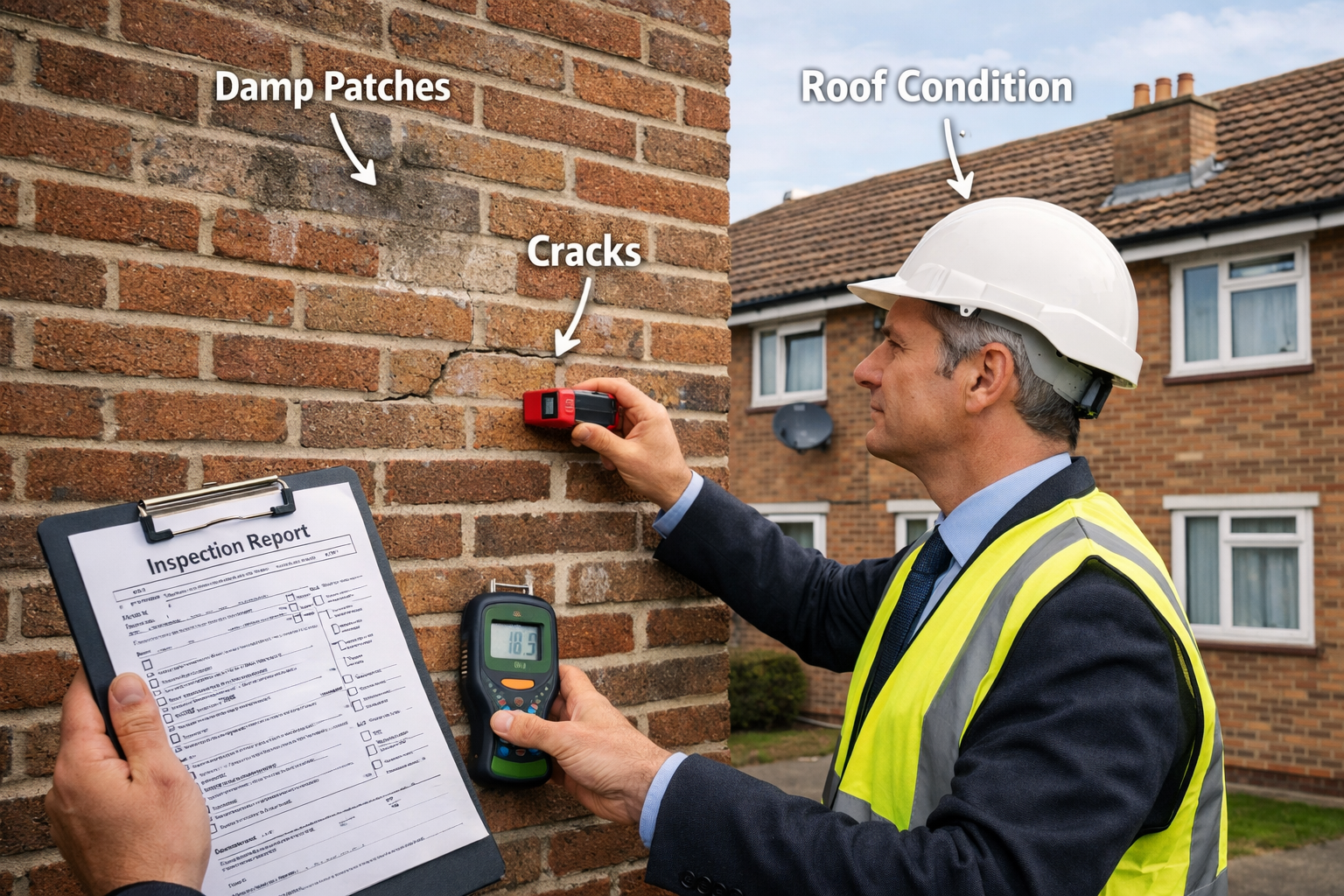 Detailed landscape editorial image (1536x1024) showing professional chartered surveyor conducting thorough inspection of council housing pro