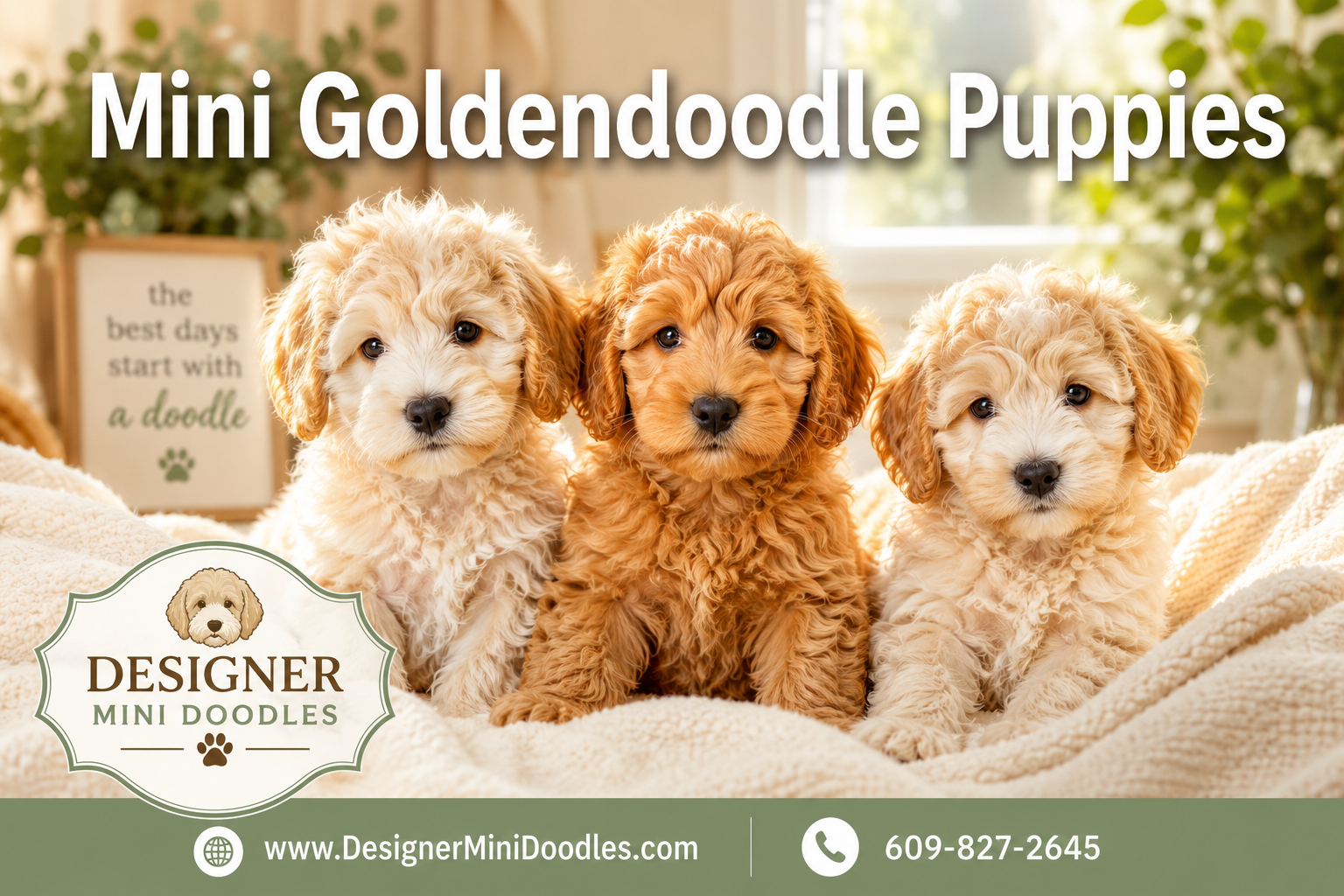 Professional () hero image featuring 'Mini Goldendoodle Puppies' in extra large white with soft drop , centered in upper