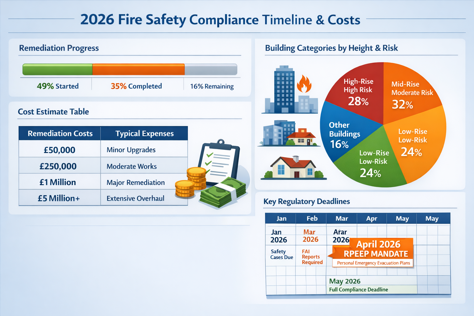Detailed landscape format (1536x1024) infographic displaying 2026 fire safety compliance timeline and cost breakdown chart. Visual elements