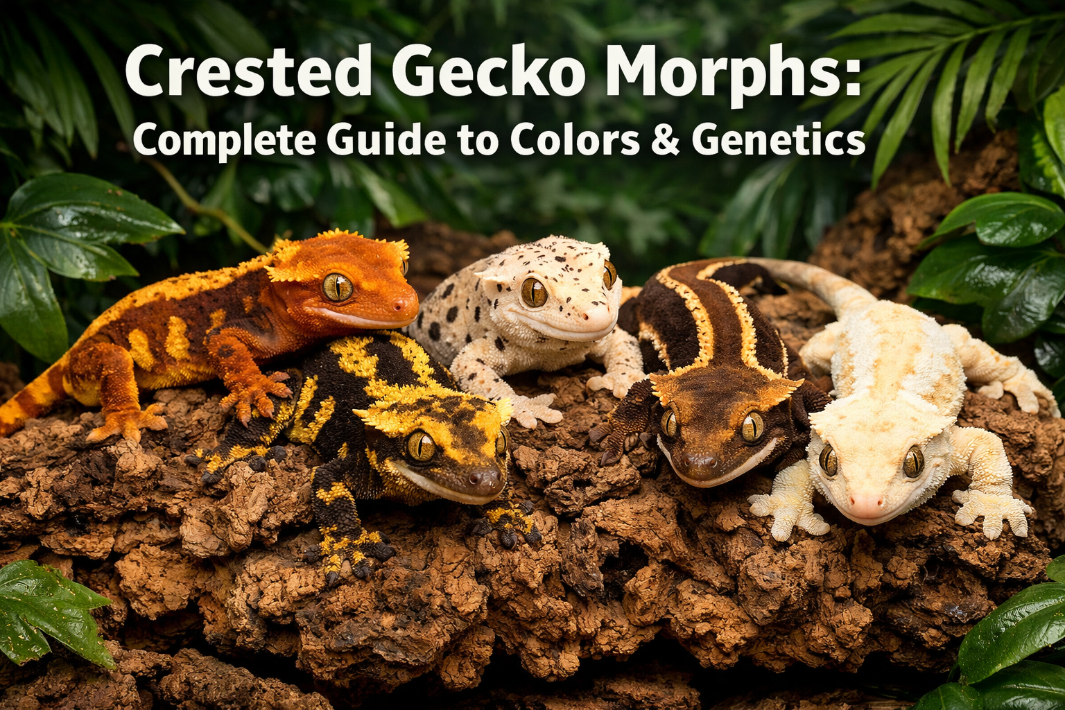 Professional landscape format (1536x1024) hero image featuring bold text overlay 'Crested Gecko Morphs: Complete Guide to Colors & Genetics'