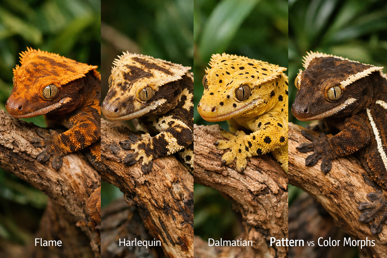 Landscape format (1536x1024) detailed close-up comparison showing four distinct crested gecko morphs side by side on natural wood branches.