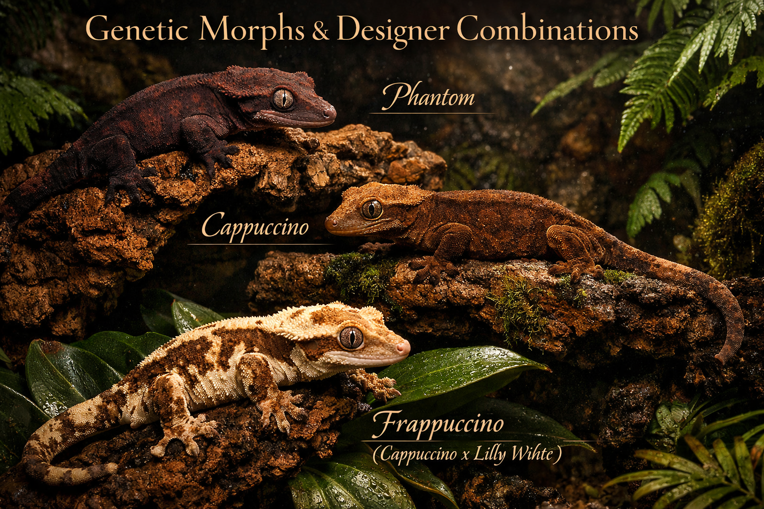Landscape format (1536x1024) premium collection display featuring rare and designer crested gecko morphs arranged on multi-level natural hab