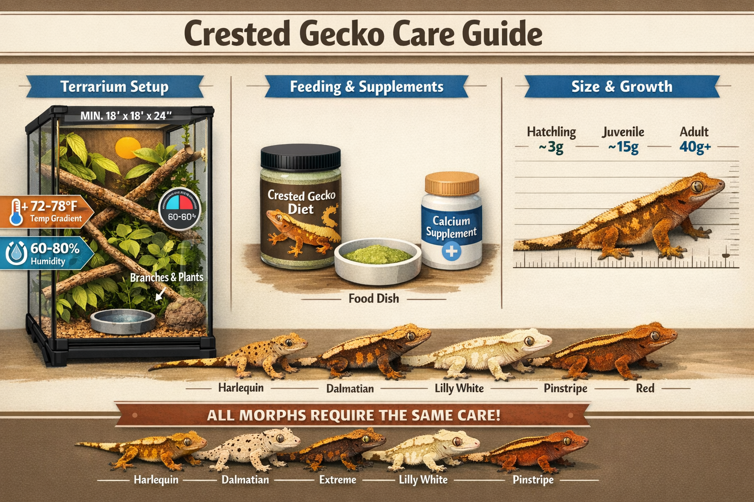 Landscape format (1536x1024) comprehensive crested gecko care infographic showing habitat requirements and morph-specific considerations. Le