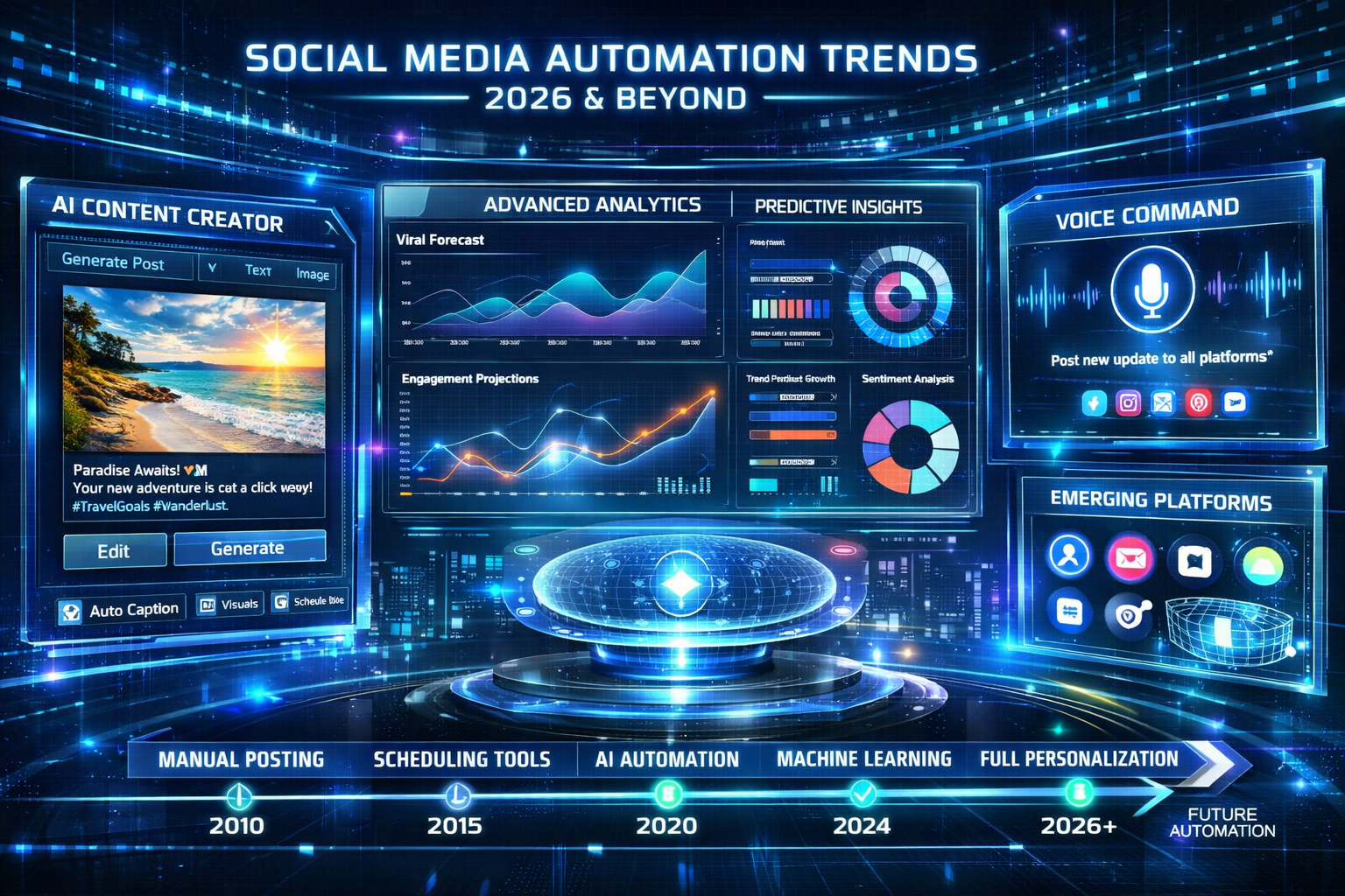 Landscape format (1536x1024) futuristic visualization of social media automation trends for 2026 and beyond. Features AI-powered content cre - Social Media Automation Agentur 20 Landscape format (1536x1024) futuristic visualization of social media automation trends for 2026 and beyond. Features AI-powered content cre