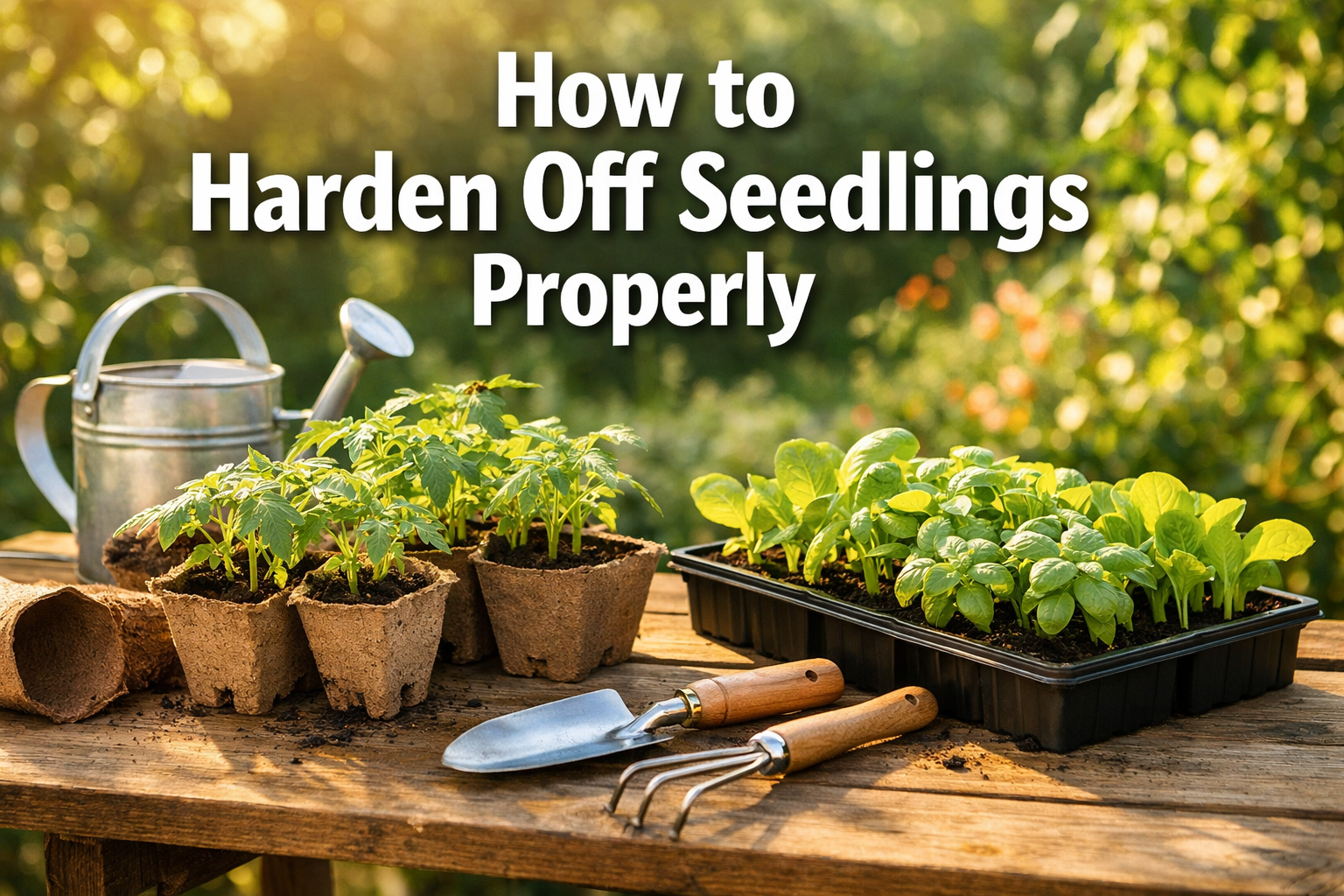 Professional landscape format (1536x1024) hero image featuring bold text overlay 'How to Harden Off Seedlings Properly' in extra large 72pt 