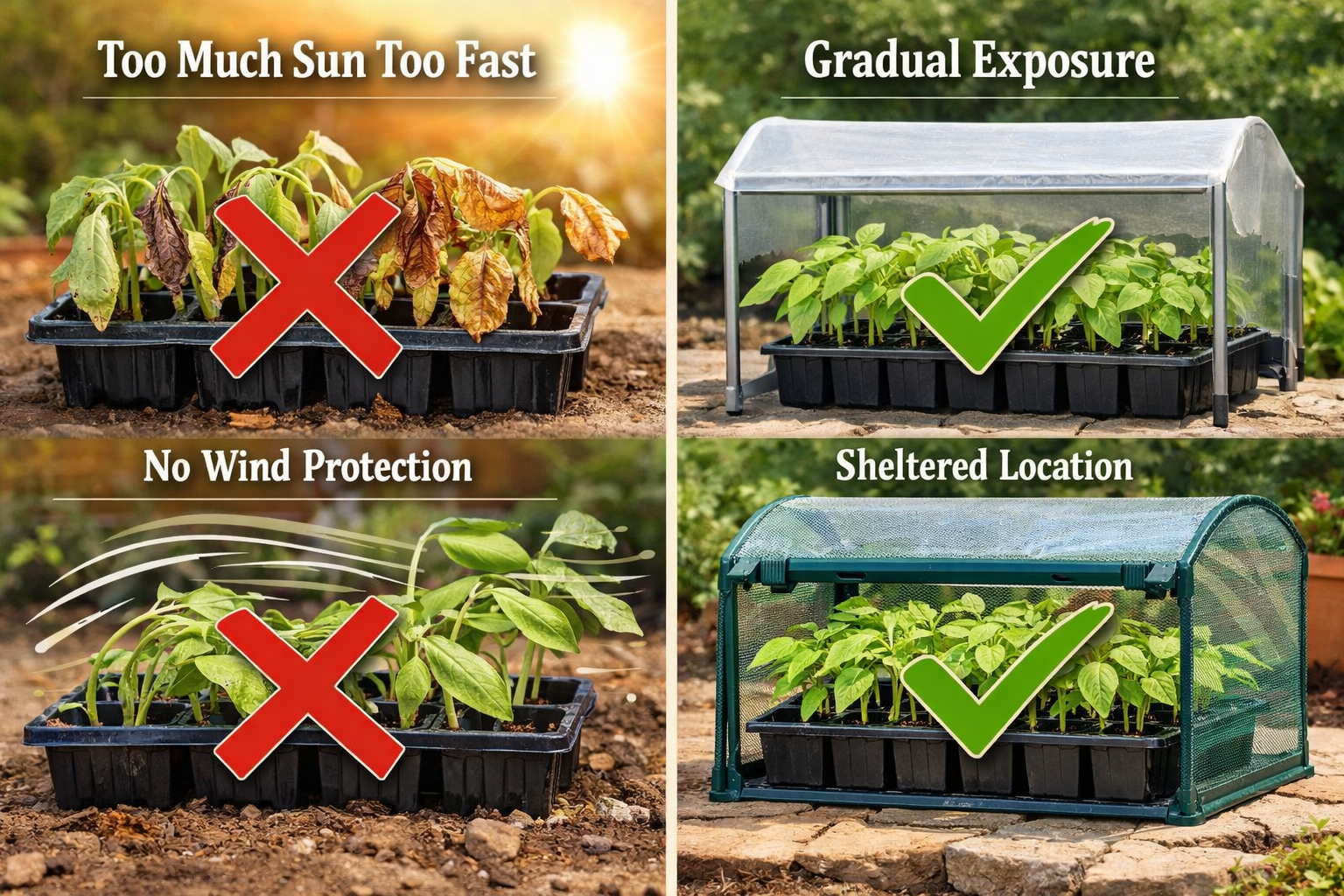 Detailed landscape format (1536x1024) image displaying common hardening off mistakes and solutions split-screen style. Left side shows stres
