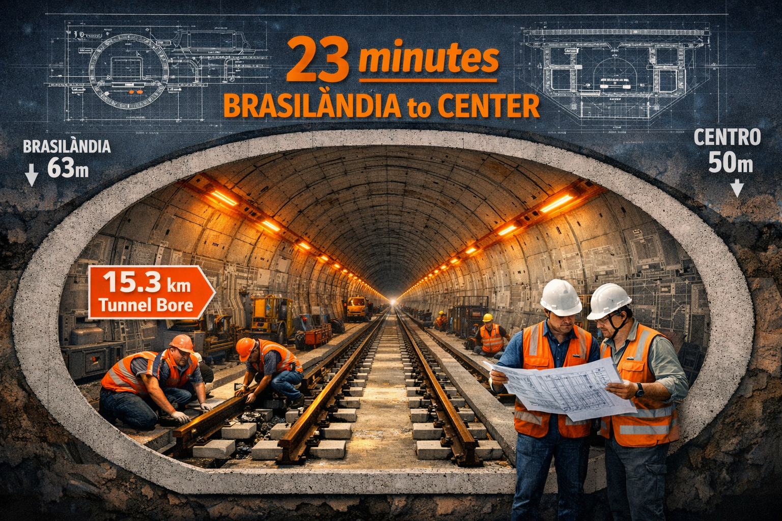 Wide-angle underground tunnel cross-section illustration of Linha 6-Laranja São Paulo metro construction, showing completed