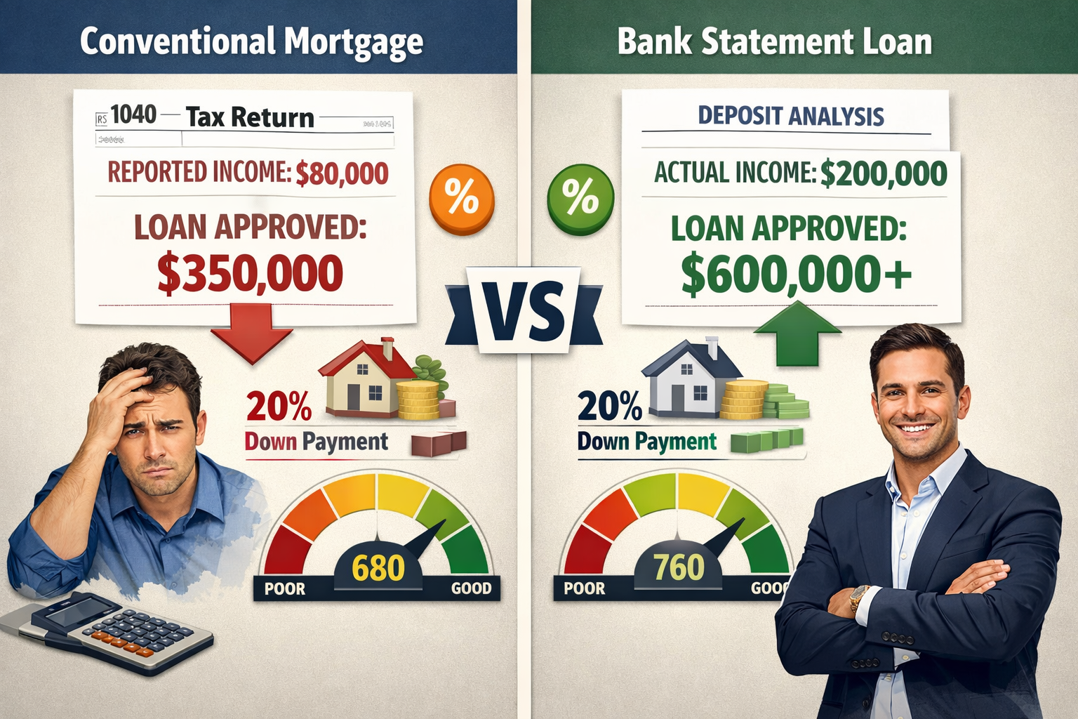Landscape format (1536x1024) comparison visualization split-screen design showing conventional mortgage versus bank statement loan side-by-s
