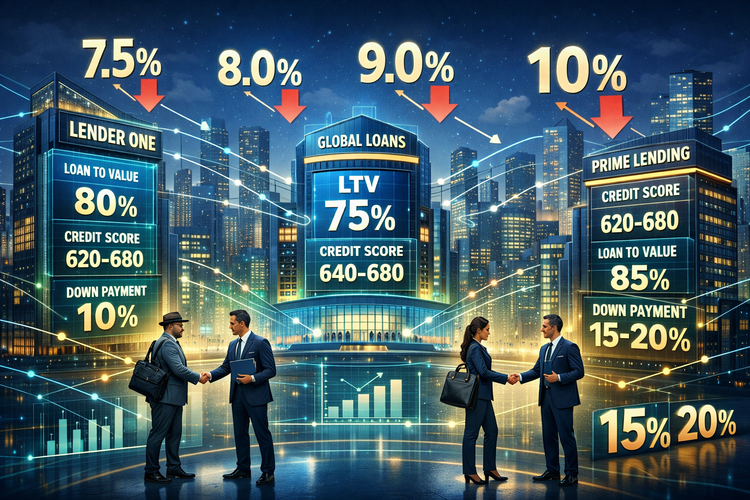 Landscape format (1536x1024) futuristic 2026 lending landscape illustration showing competitive bank statement loan market with multiple len