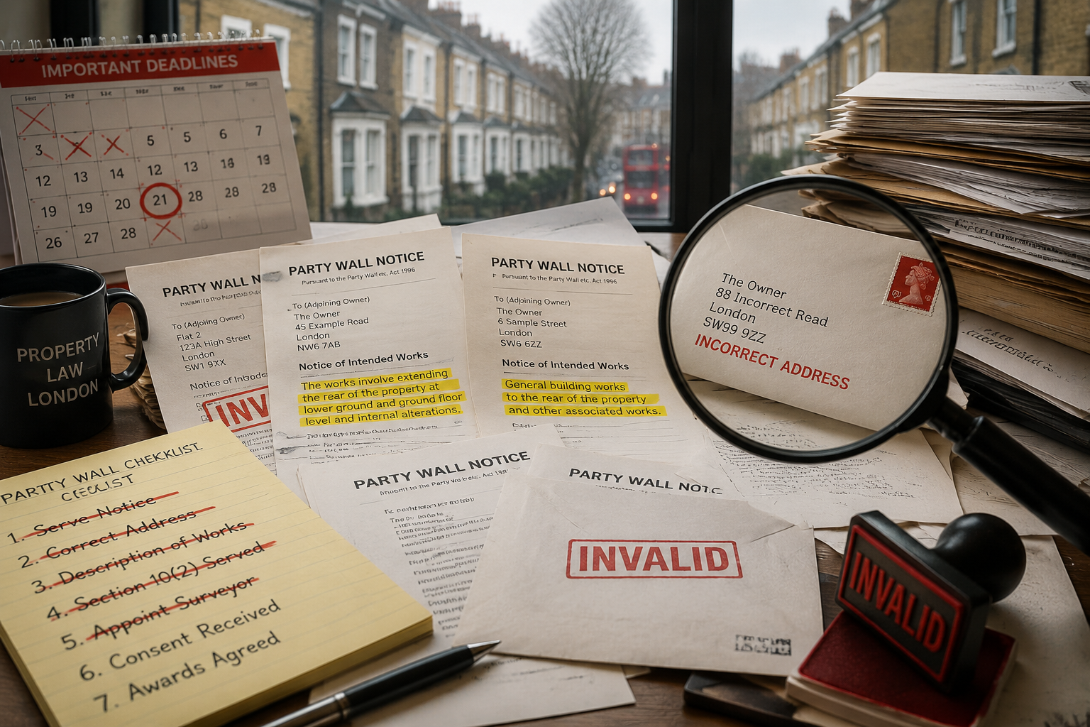 Detailed () editorial illustration showing a cluttered desk with multiple party wall notice documents, some stamped INVALID