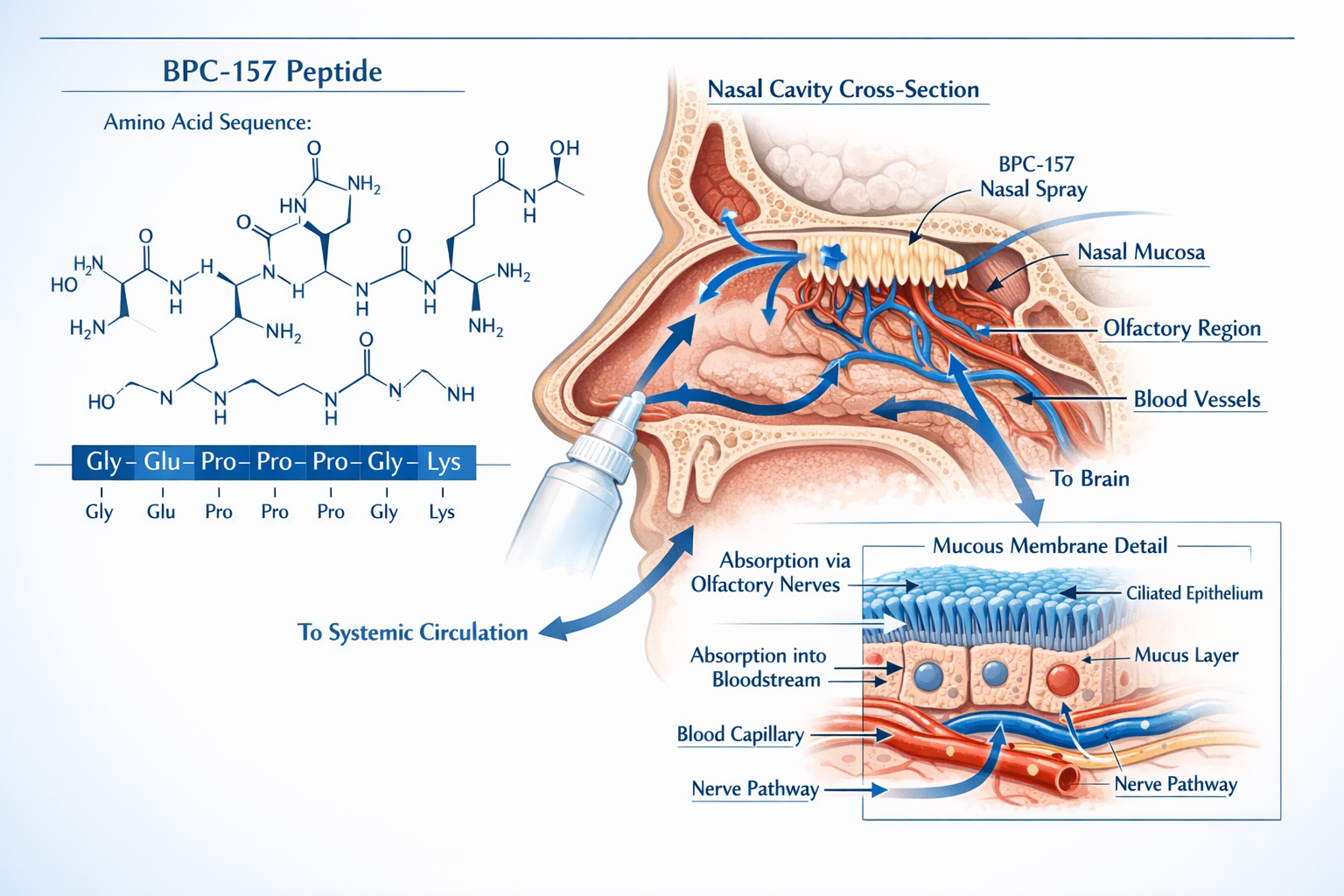 Detailed scientific illustration (1536x1024) showing BPC-157 peptide molecular structure with highlighted amino acid sequence, nasal cavity 