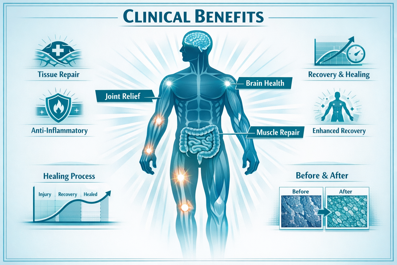 Clinical benefits infographic (1536x1024) showing human body silhouette with highlighted areas: joints, muscles, digestive system, brain, wi