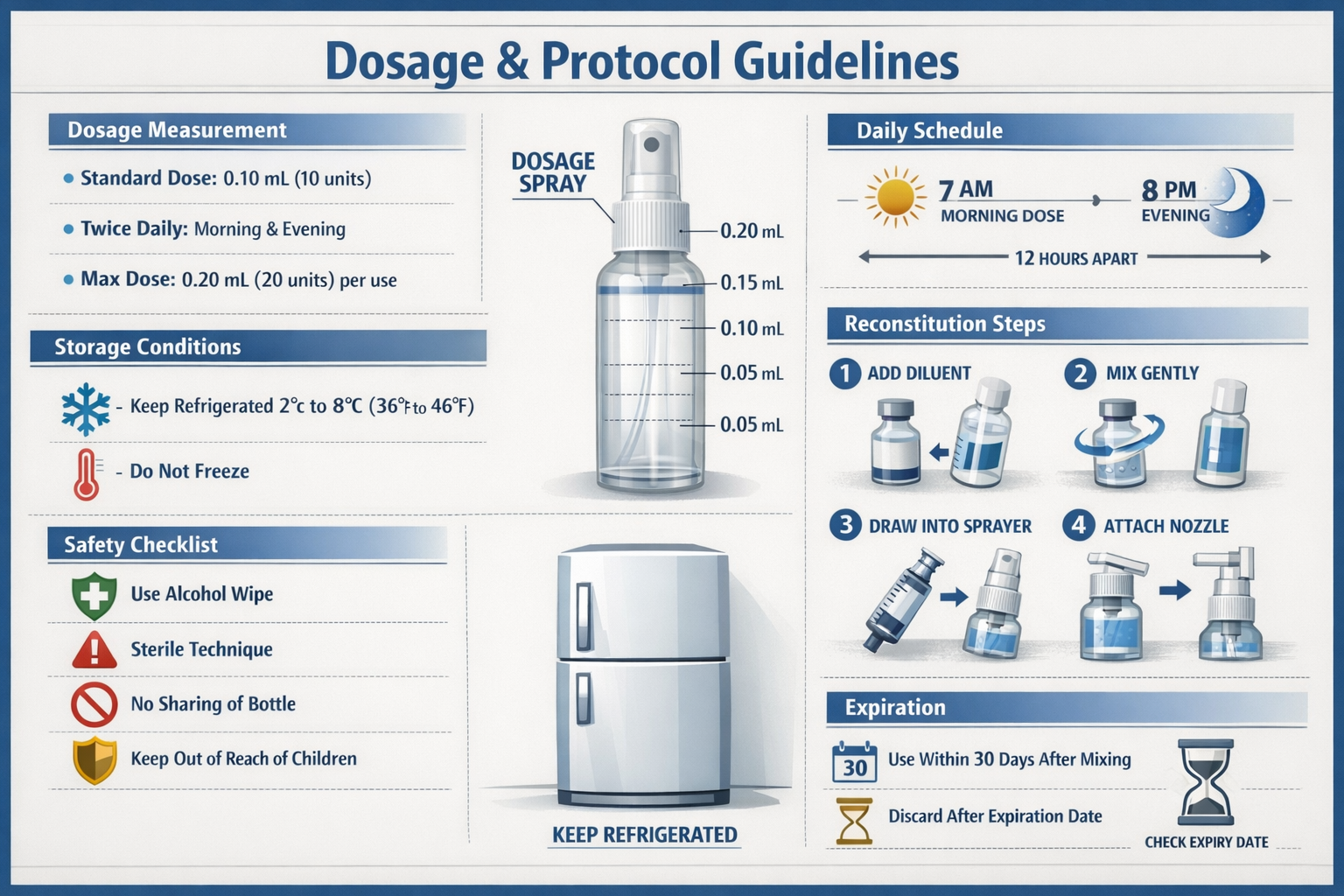Dosage and protocol chart (1536x1024) featuring measurement guidelines, spray bottle with dosage markings, daily schedule timeline, storage 