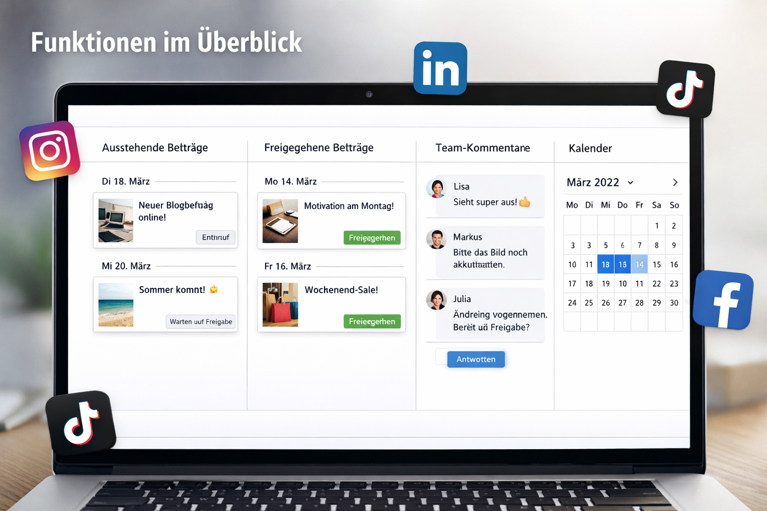 () close-up of a laptop screen showing a Social Media management dashboard with approval workflow features: pending posts