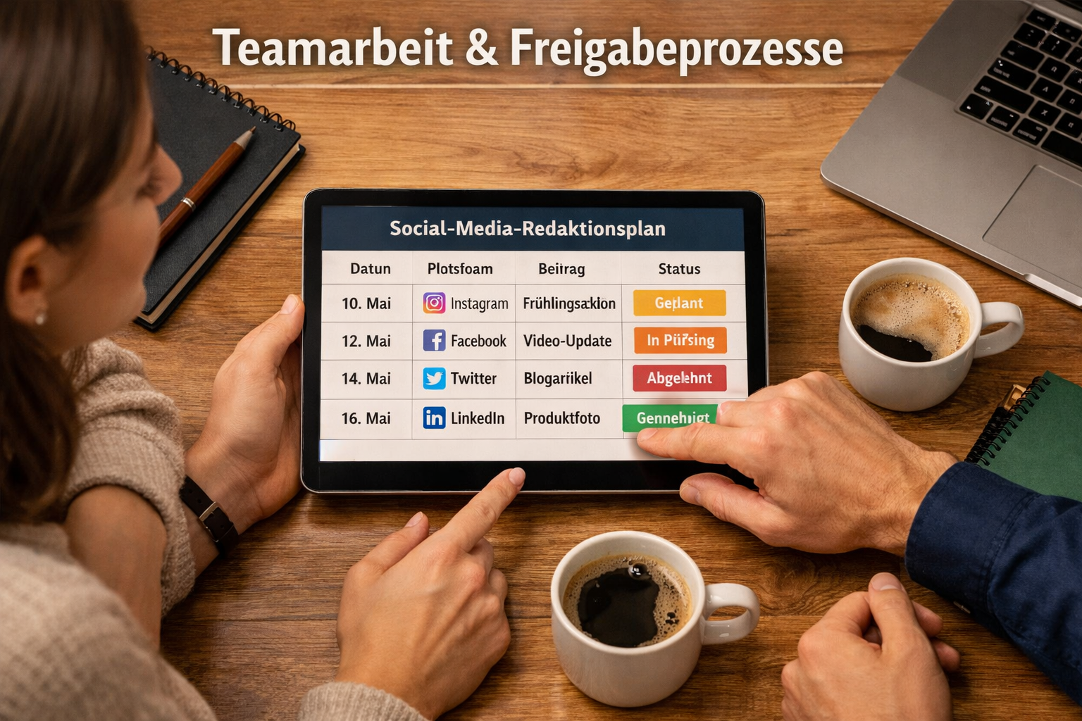 () overhead desk scene showing a marketing team of three professionals gathered around a tablet displaying a social media