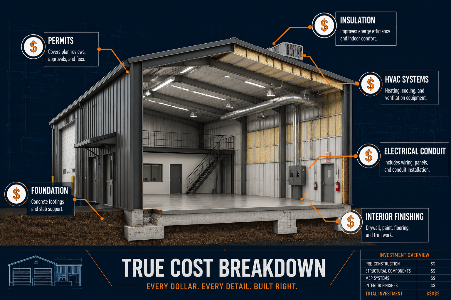 Detailed () infographic-style illustration showing a cross-section diagram of a metal building with labeled cost callouts