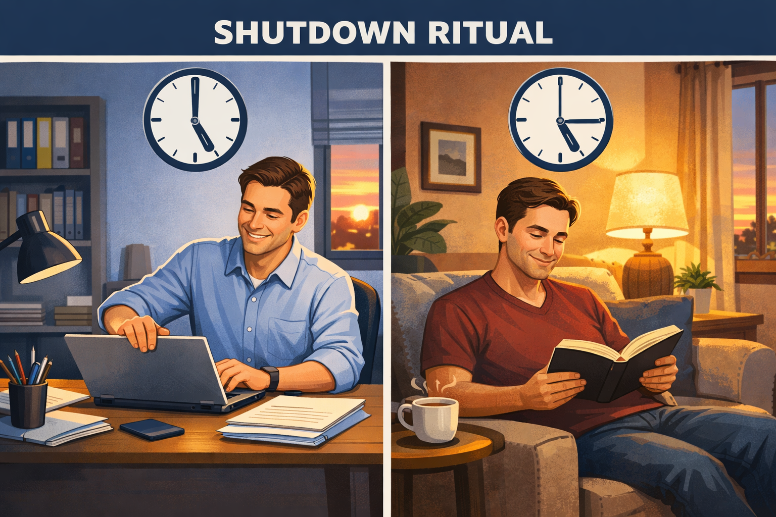 A split-screen illustration (1536x1024) contrasting two scenarios related to a "shutdown ritual." On one side, an individual is shown at the