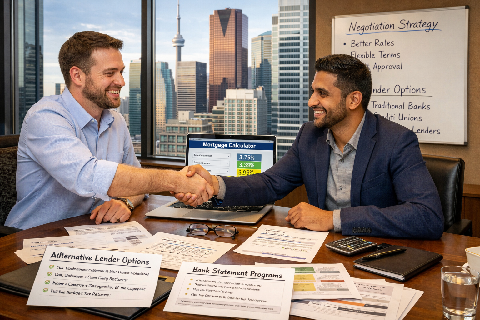 Detailed () scene showing self-employed professional meeting with mortgage broker in modern Toronto office. Wide desk with