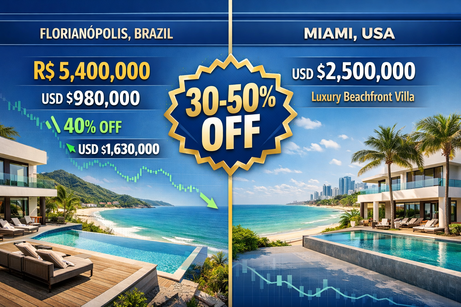 Detailed () image showing split-screen comparison: left side displays luxury coastal property in Florianopolis Brazil with