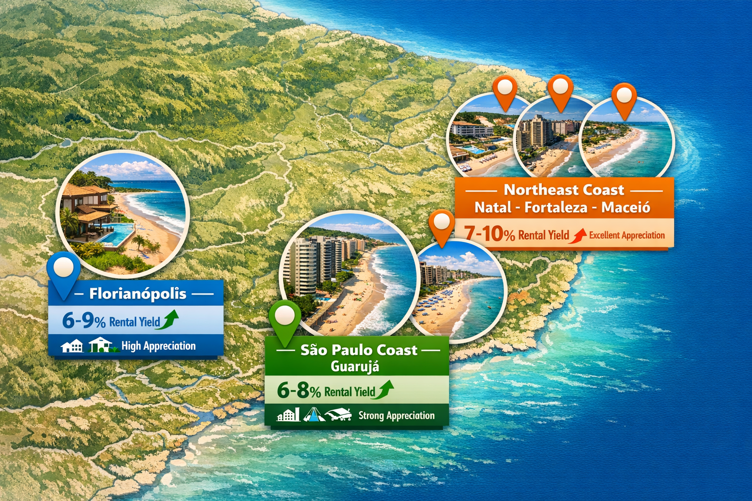 Detailed () image depicting Brazilian coastal regions map with highlighted investment zones: Florianopolis in south (blue