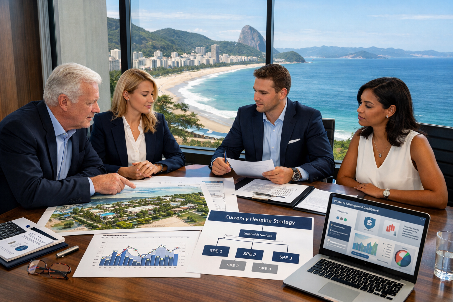 Detailed () image showing professional business meeting scene with international developers reviewing coastal property