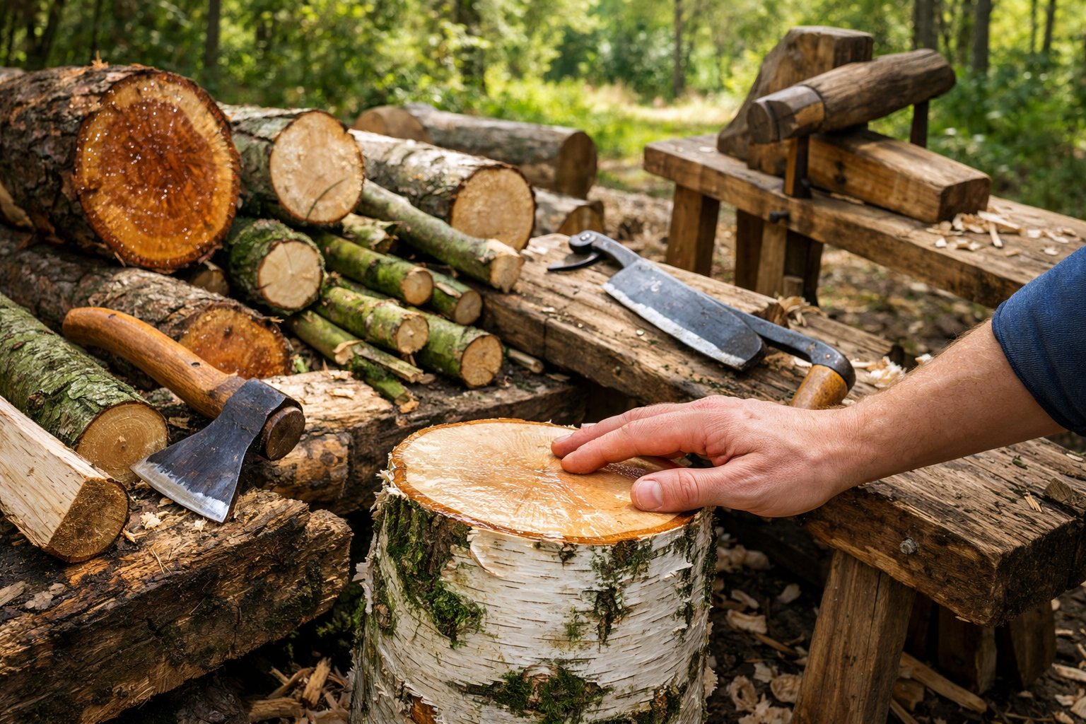 A detailed landscape format (1536x1024) image for the 'The Allure of Green Woodworking: Why It's Thriving in 2026' section. The image depict