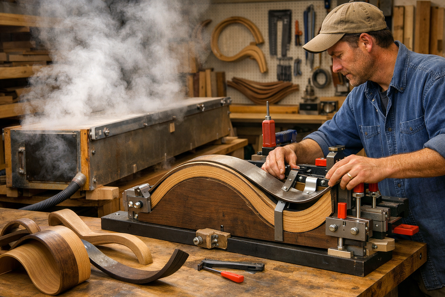 A detailed landscape format (1536x1024) image for the 'Mastering Steam Bending: Techniques and Tools for Organic Forms' section. This image