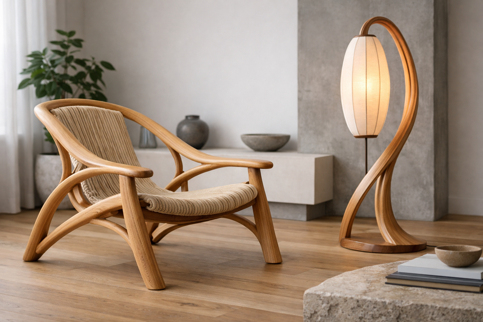 A detailed landscape format (1536x1024) image for the 'Integrating Green Woodworking and Steam Bending into Modern Design' section. This ima