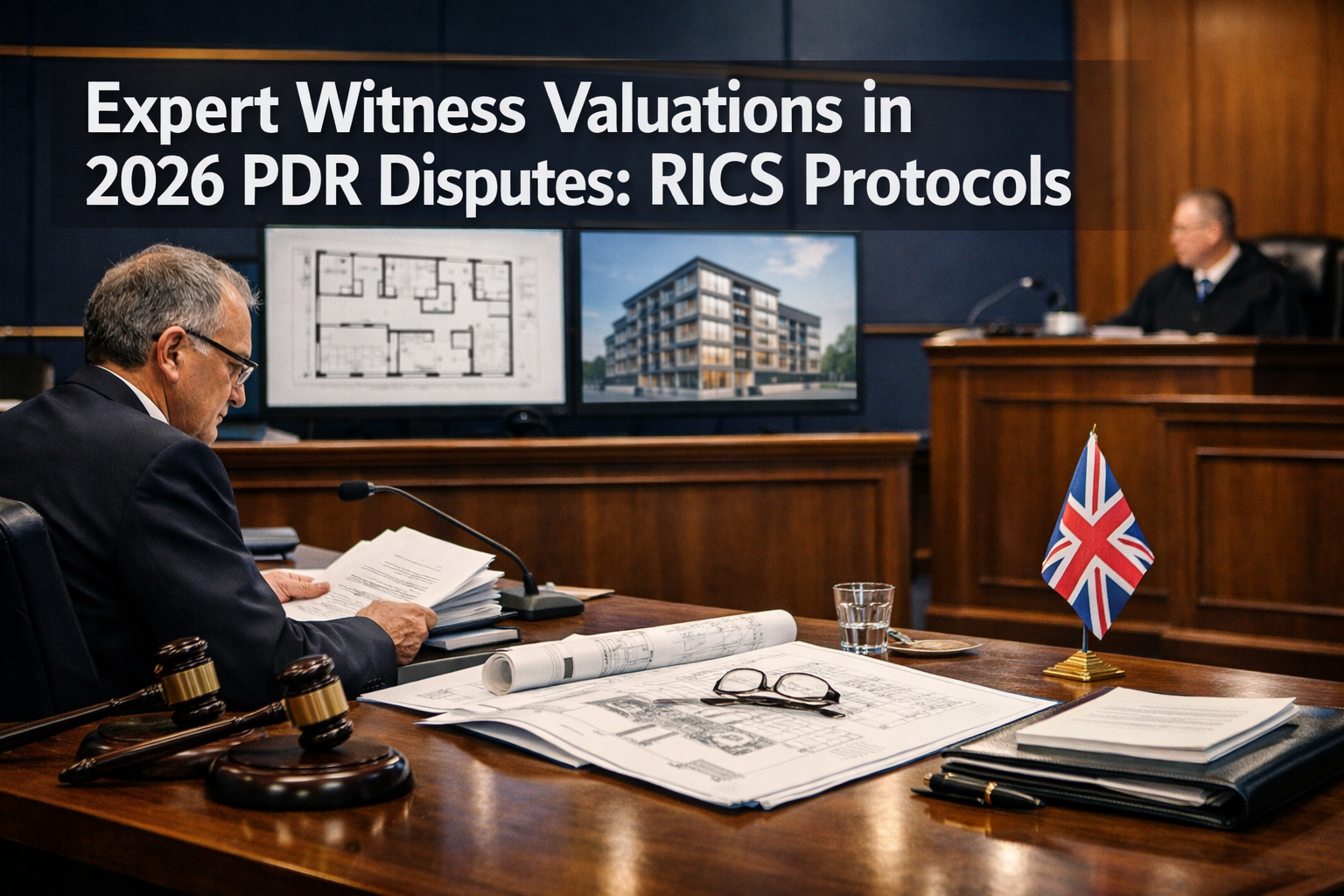 Professional landscape format (1536x1024) hero image with bold text overlay 'Expert Witness Valuations in 2026 PDR Disputes: RICS Protocols'