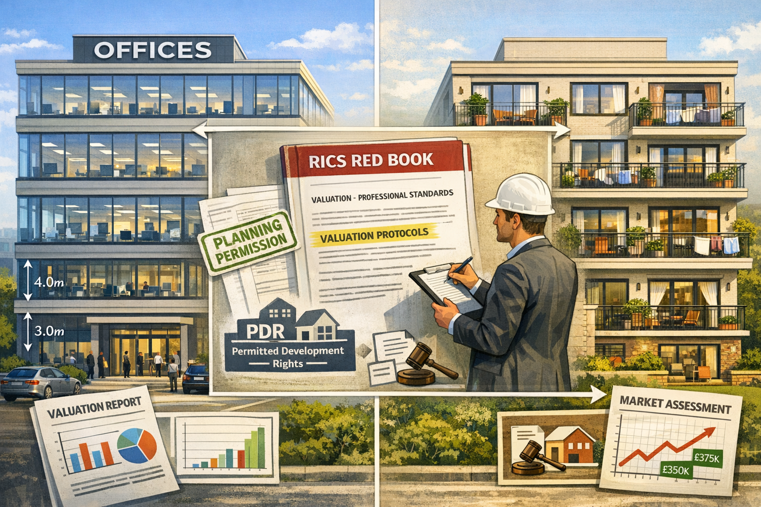 Detailed landscape format (1536x1024) illustration showing split-screen comparison of office building transformation to residential apartmen
