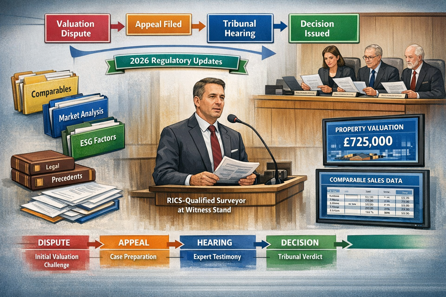 Comprehensive landscape format (1536x1024) infographic depicting expert witness testimony process in planning tribunal for PDR disputes. Cen