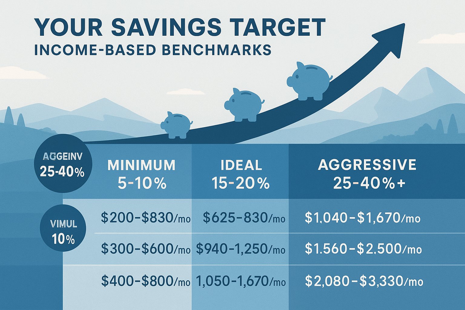 Detailed landscape infographic (1536x1024) showing three-tier savings framework with bold visual hierarchy: minimum 5-10% savings tier in li