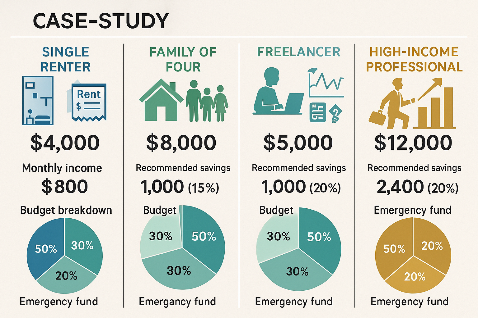 Real-world case study visualization (1536x1024) showing four distinct financial personas side-by-side: single renter with studio apartment i