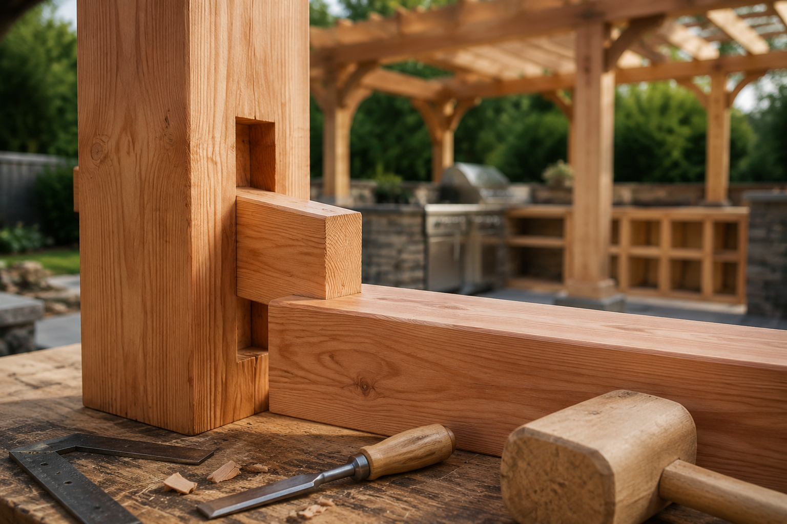 Detailed () image showcasing a close-up of a sturdy mortise and tenon joint being dry-fitted on a large cedar beam for a