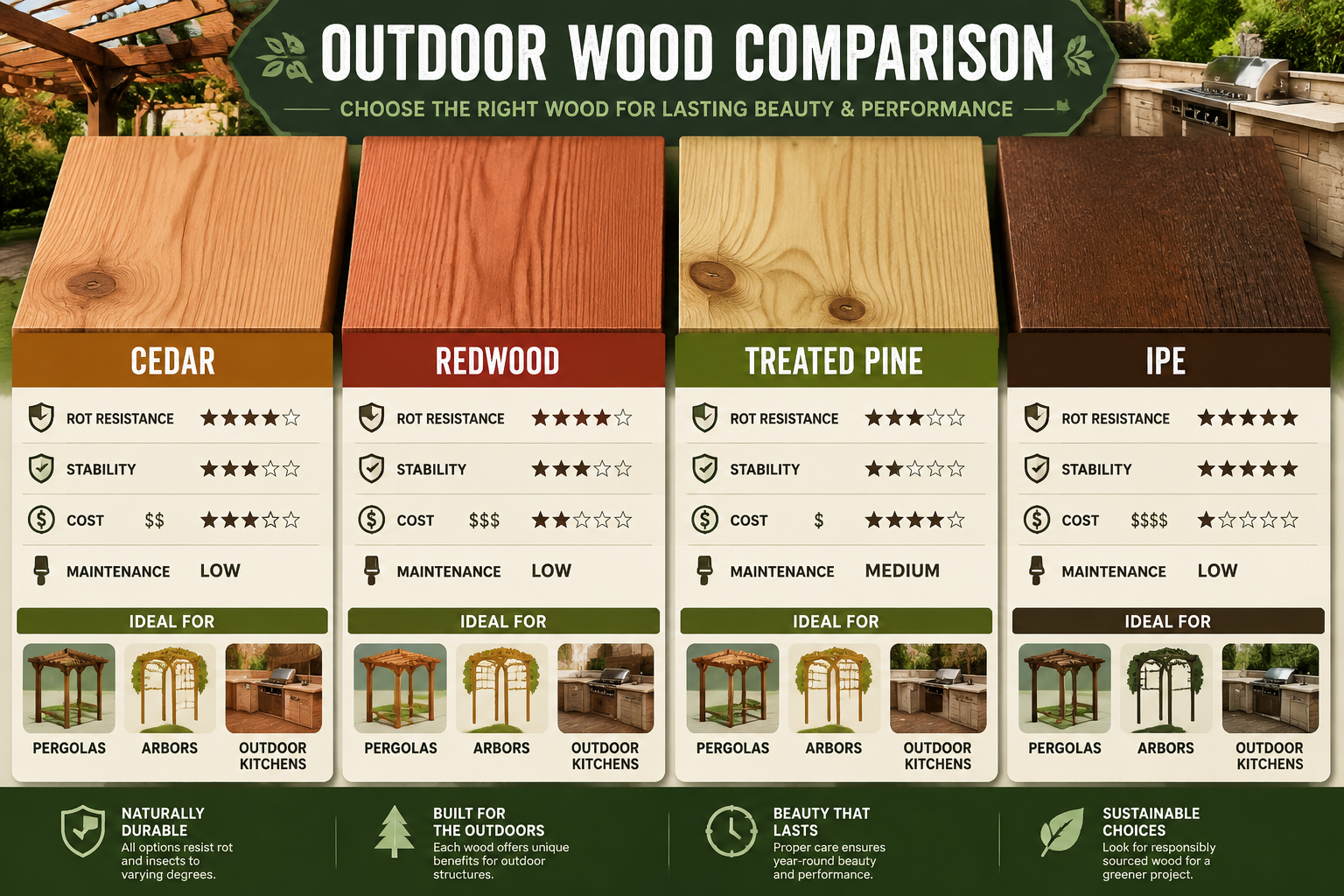 Detailed () image presenting a side-by-side comparison of different types of wood suitable for outdoor structures (e.g.,