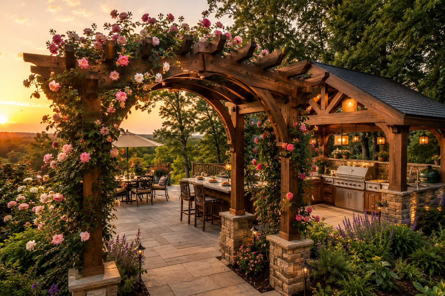 Detailed () image depicting a finished, leading to an outdoor living area featuring a custom-built wooden outdoor kitchen.