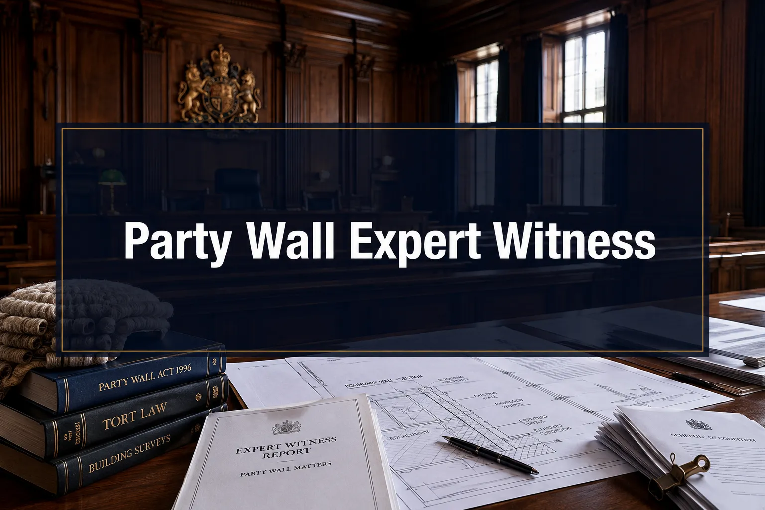 Professional () hero image with (≤42 chars): 'Party Wall Expert Witness' in crisp white on a deep navy semi-transparent