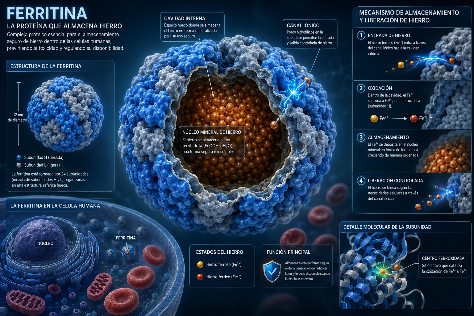 Scientific medical illustration depicting ferritin protein molecule structure, with cross-sectional view showing iron