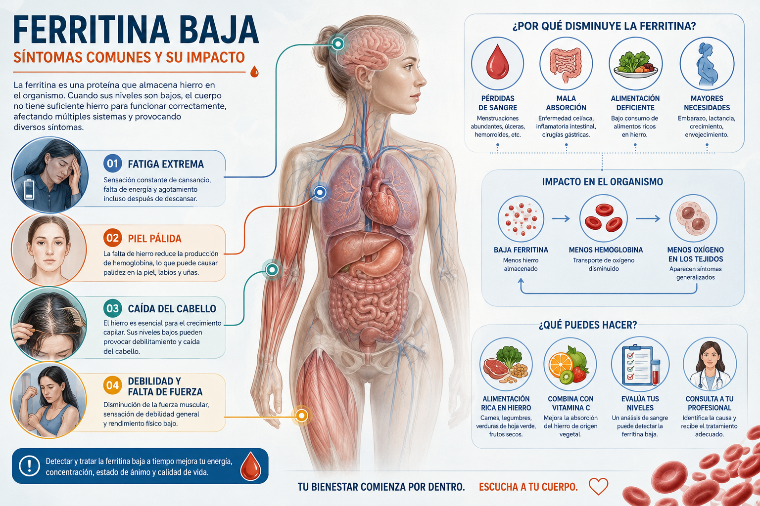Comprehensive medical infographic visualizing common low ferritin symptoms, featuring a human body diagram with highlighted