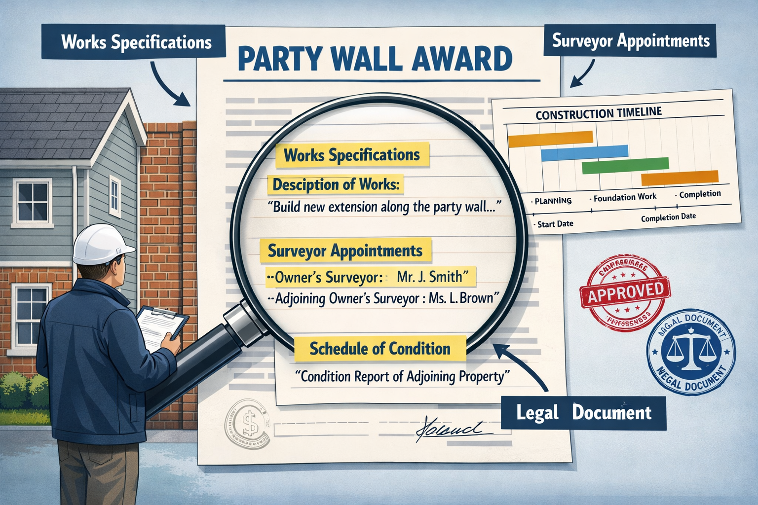 Landscape format (1536x1024) detailed illustration showing annotated party wall award document with magnifying glass highlighting key sectio