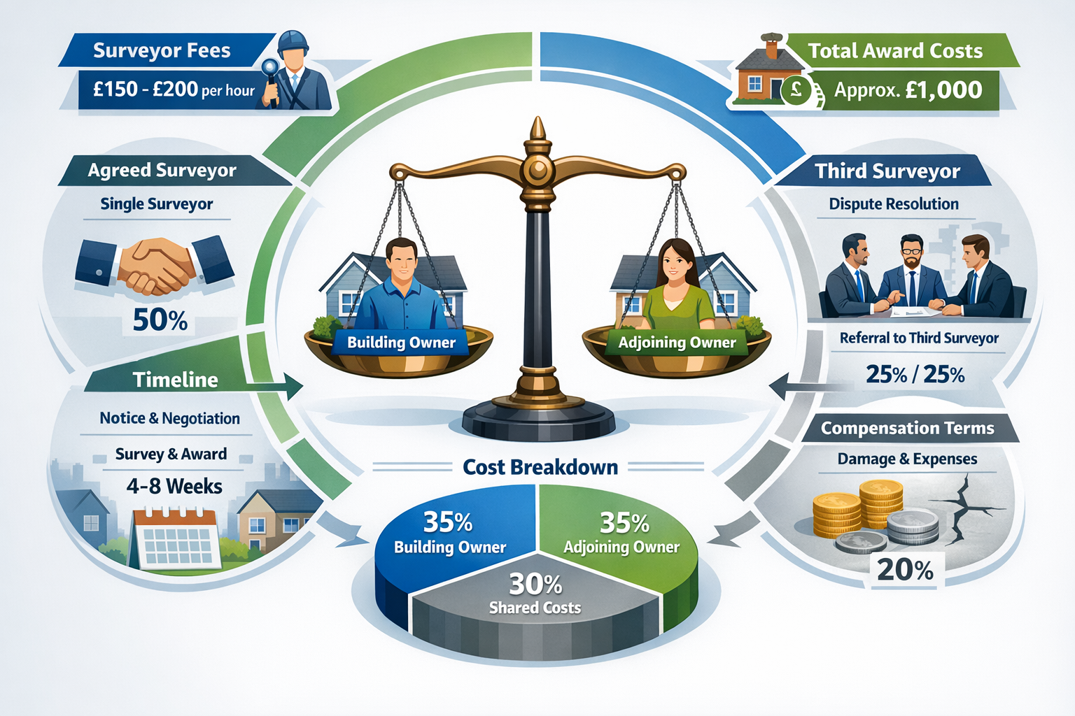 Landscape format (1536x1024) conceptual illustration of dispute resolution and cost breakdown for party wall awards. Center shows balanced s