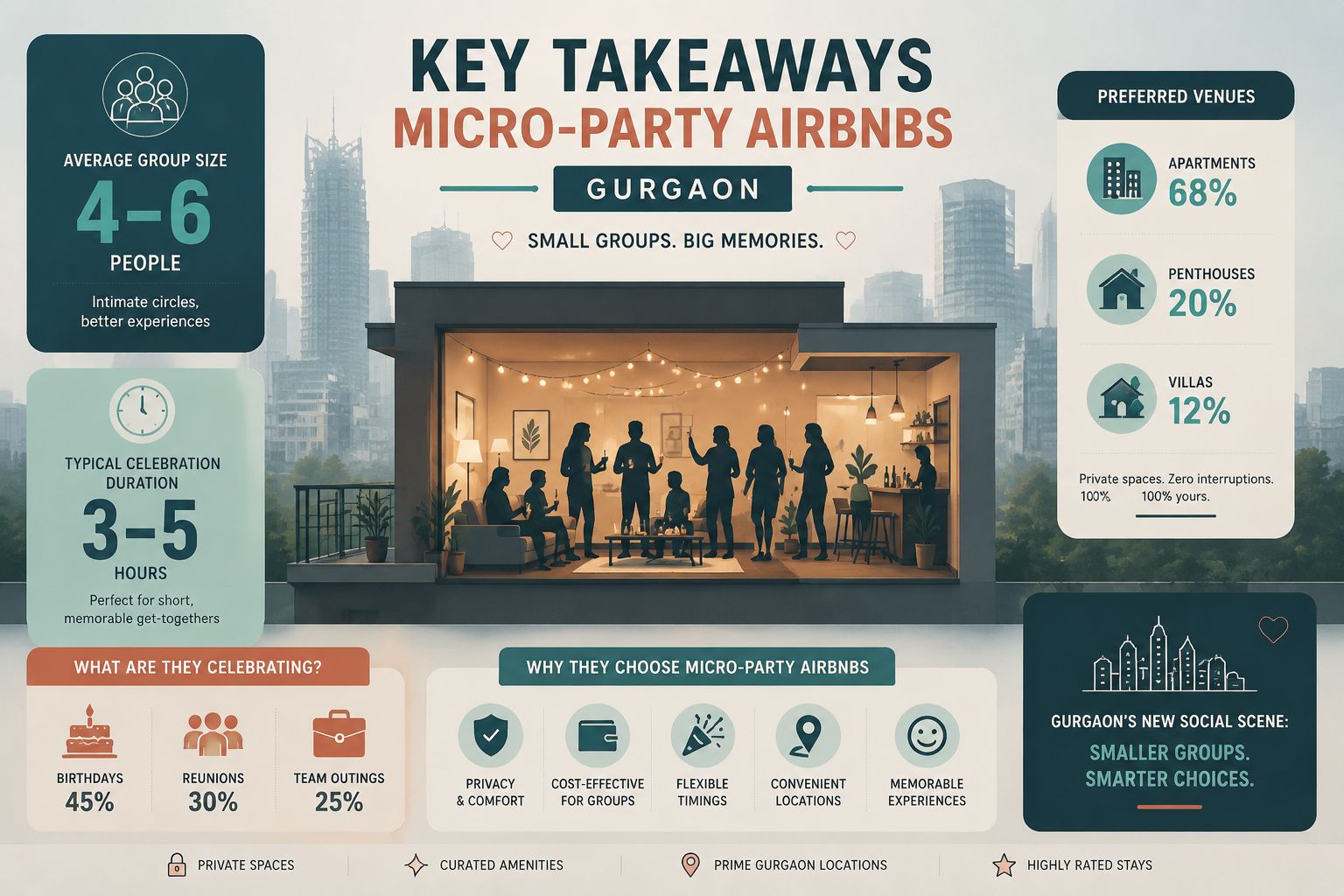 Infographic-style visual representing 'Key Takeaways' for Micro-Party Airbnbs in Gurgaon. Central graphic showing a