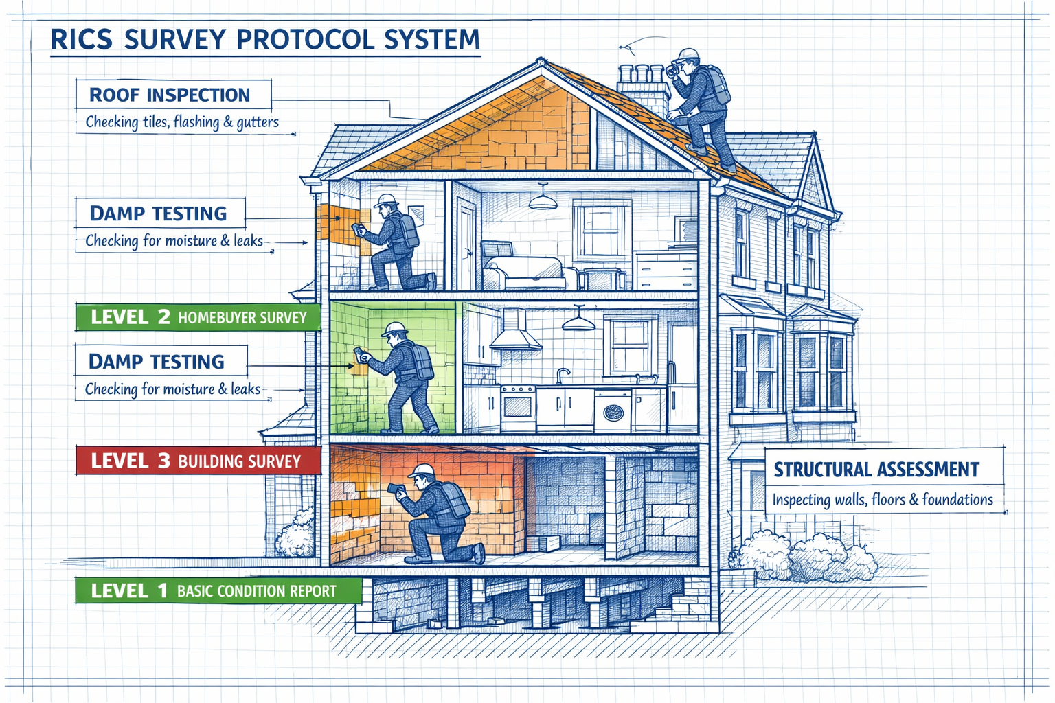 () detailed cutaway illustration of three-tier RICS survey protocol system for residential property inspection. Shows