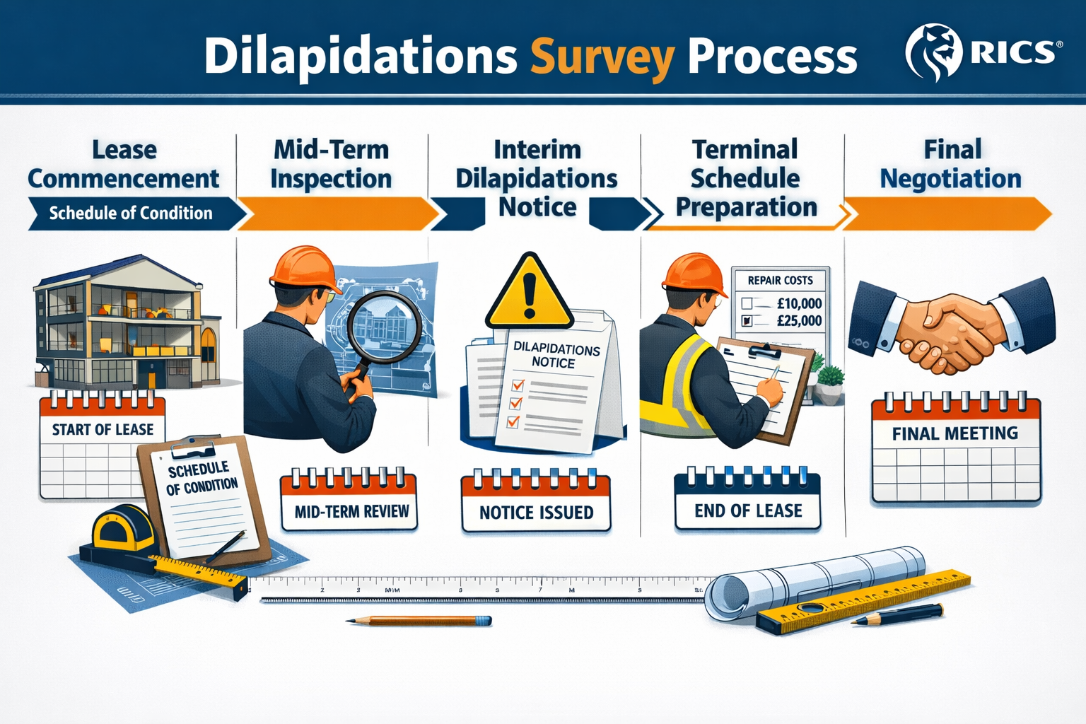 Landscape format (1536x1024) detailed infographic showing dilapidations survey process timeline with five connected stages: lease commenceme