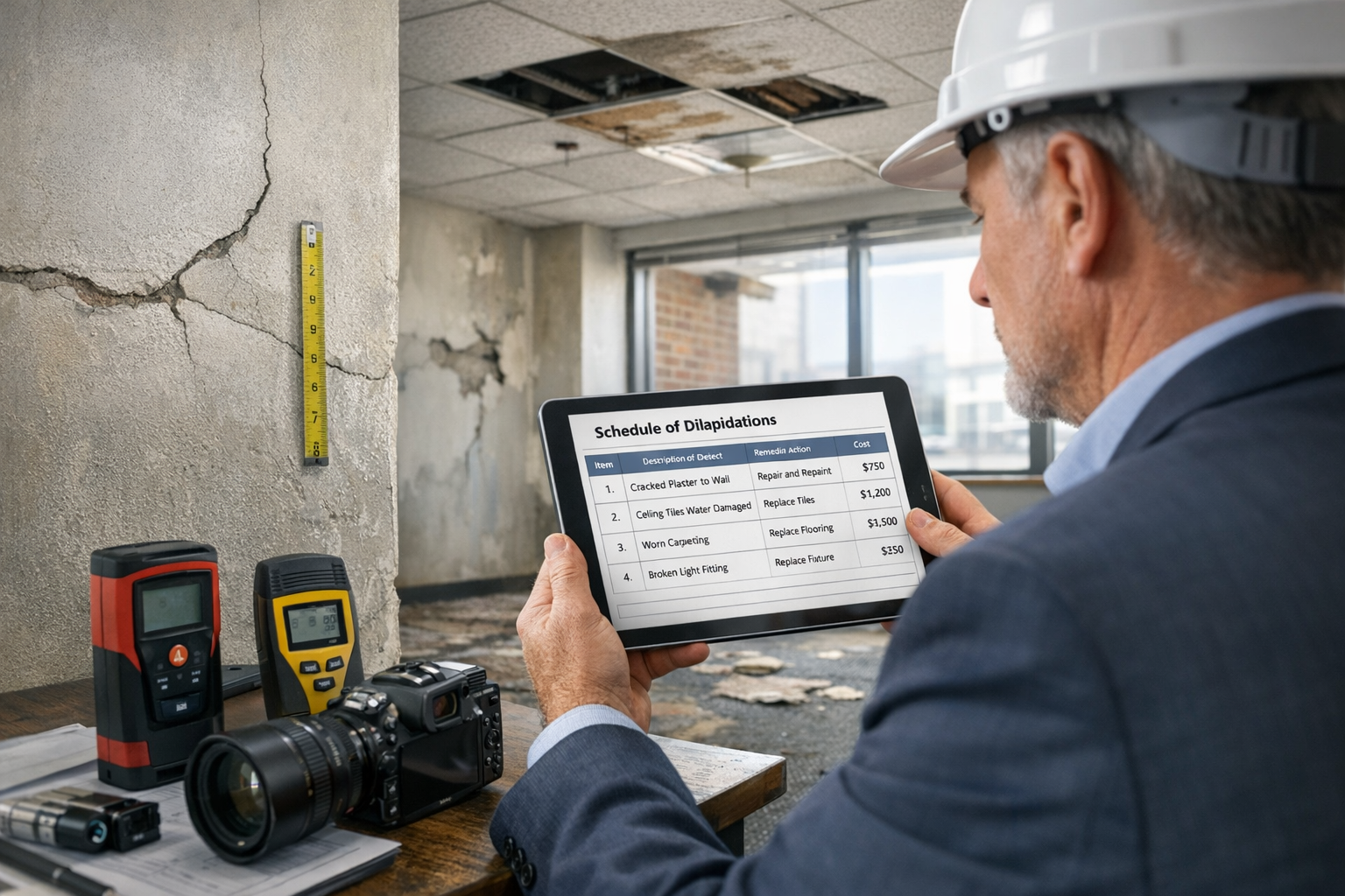 Landscape format (1536x1024) professional photograph showing experienced chartered surveyor conducting detailed property inspection in comme