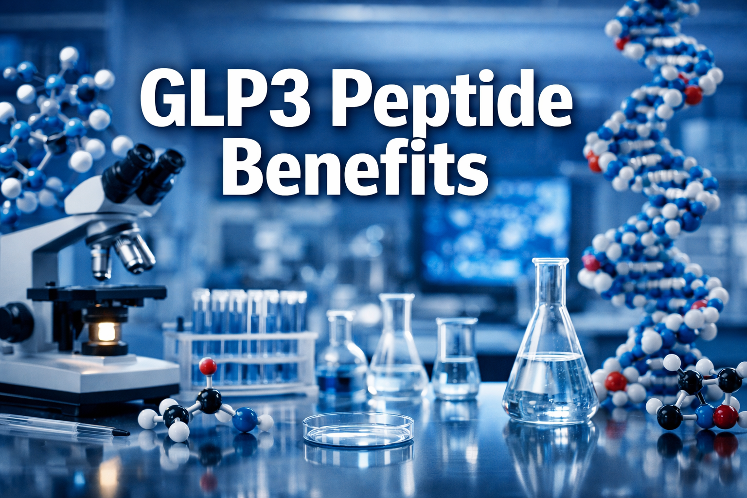 Professional landscape hero image (1536x1024) featuring bold text overlay 'GLP3 Peptide Benefits' in extra large 72pt white sans-serif font